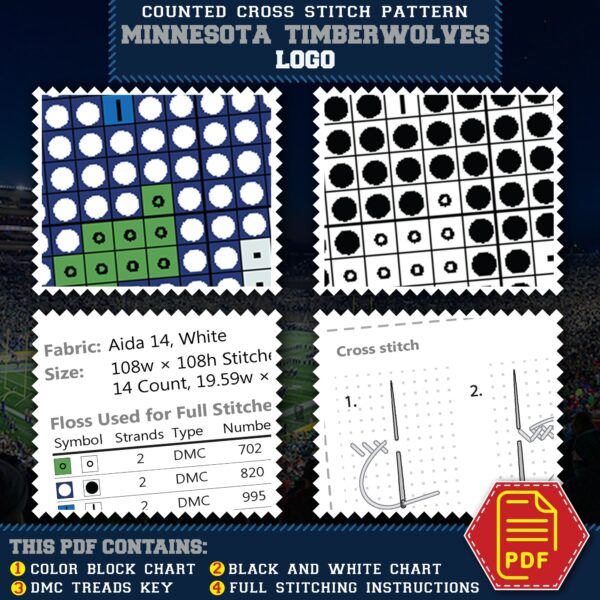 Minnesota Timberwolves Logo Counted Cross Stitch Pattern - Download in PDF