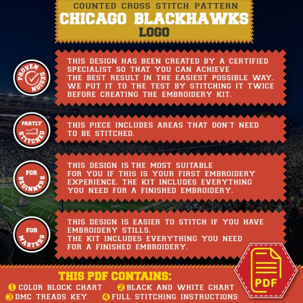 Chicago Blackhawks - Logo Counted Cross Stitch Pattern - Manual Guide