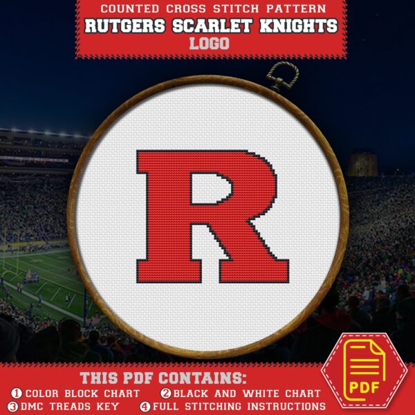 Rutgers Scarlet Knights Logo Counted Cross Stitch Pattern - Download in PDF