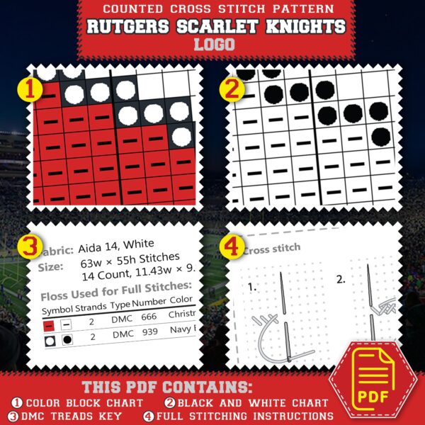 Rutgers Scarlet Knights Logo Counted Cross Stitch Pattern - Download in PDF