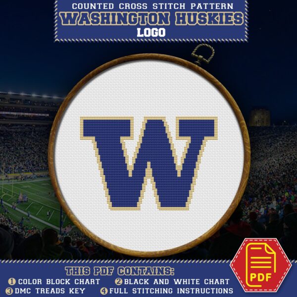 Washington Huskies Logo Counted Cross Stitch Pattern - Download in PDF