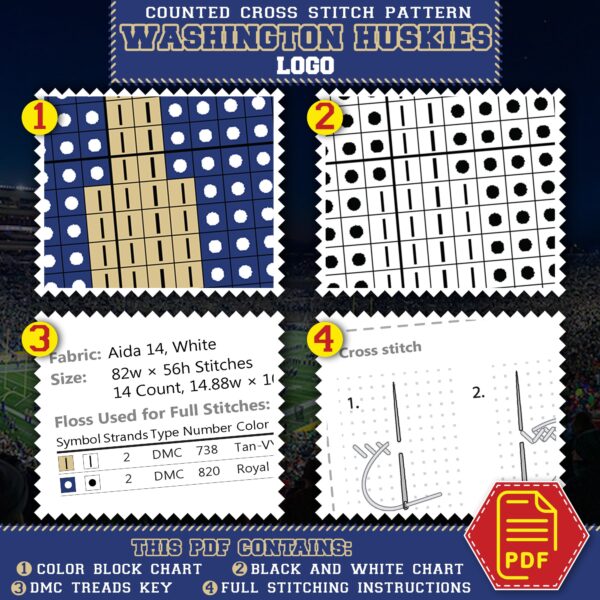 Washington Huskies Logo Counted Cross Stitch Pattern - Download in PDF
