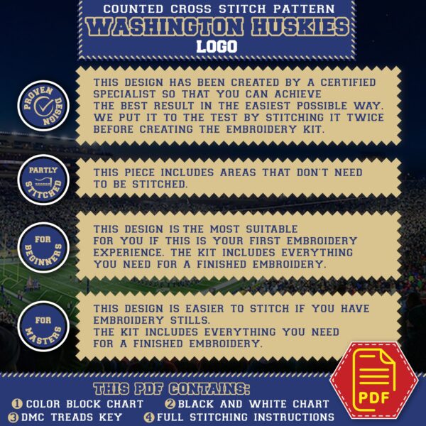 Washington Huskies Logo Counted Cross Stitch Pattern - Download in PDF