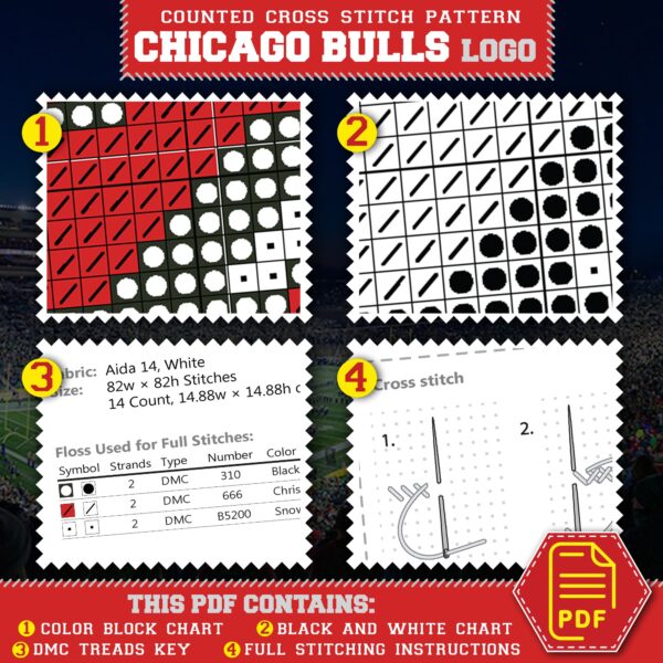 Chicago Bulls Logo Counted Cross Stitch Pattern – Download in PDF