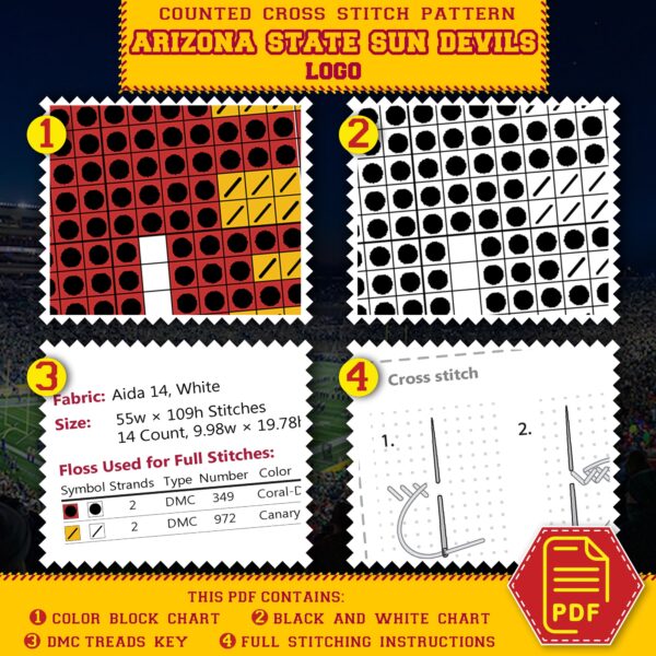 Arizona State Sun Devils Logo Counted Cross Stitch Pattern - Download in PDF