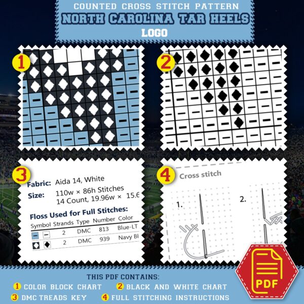 North Carolina Tar Heels Logo Counted Cross Stitch Pattern - Download in PDF