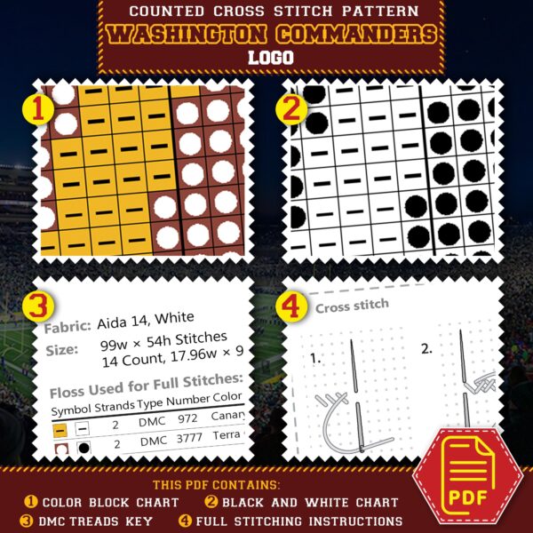 Washington Commanders Logo Counted Cross Stitch Pattern - Download in PDF