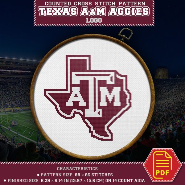Texas A&M Aggies Logo Counted Cross Stitch Pattern - Download in PDF