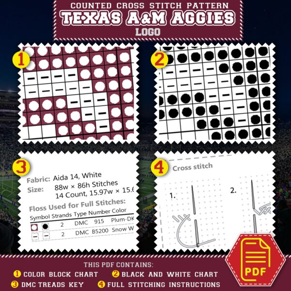Texas A&M Aggies Logo Counted Cross Stitch Pattern - Download in PDF