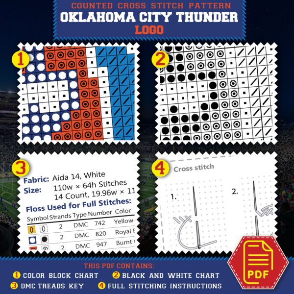 Oklahoma City Thunder Logo Counted Cross Stitch Pattern – Download in PDF