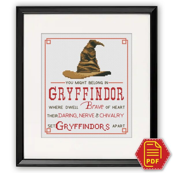 Counted cross stitch pattern “Sorting Hat Faculties: You might belong in Gryffindor” – Download in PDF