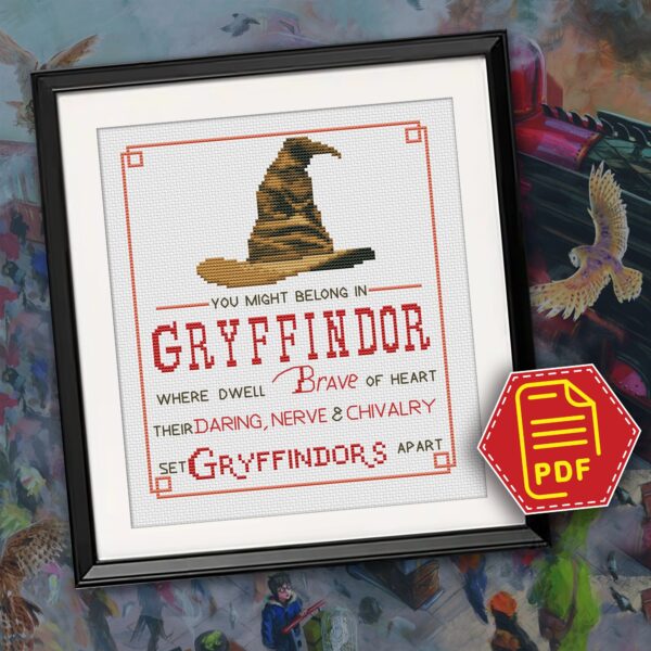 Counted cross stitch pattern “Sorting Hat Faculties: You might belong in Gryffindor” – Download in PDF