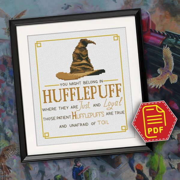 Counted cross stitch pattern “Sorting Hat Faculties: You might belong in Hufflepuff” – Download in PDF