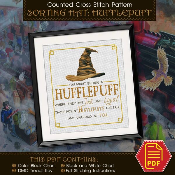 Counted cross stitch pattern “Sorting Hat Faculties: You might belong in Hufflepuff” – Download in PDF