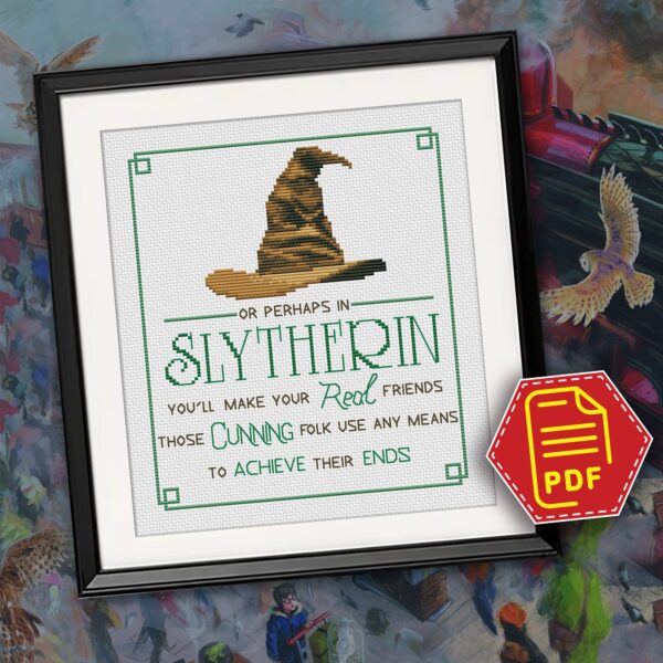 Counted cross stitch pattern “Sorting Hat Faculties: You might belong in Slytherin” – Download in PDF
