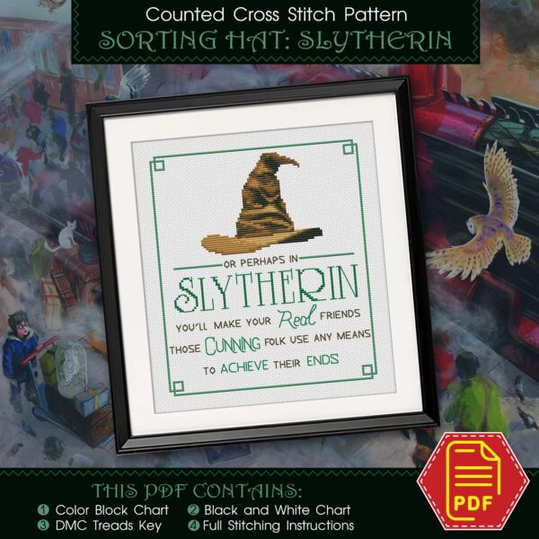 Counted cross stitch pattern “Sorting Hat Faculties: You might belong in Slytherin” – Download in PDF