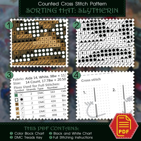 Counted cross stitch pattern “Sorting Hat Faculties: You might belong in Slytherin” – Download in PDF