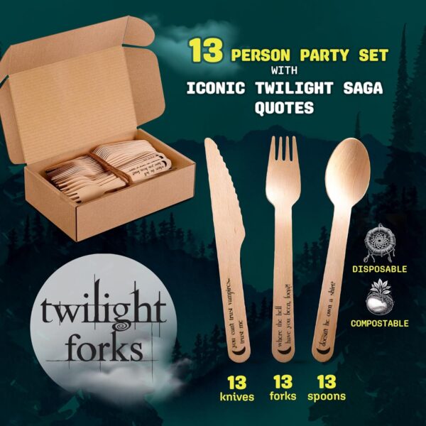 “Twilight Forks” Disposable Wooden Cutlery Set - Twilight Saga Party Supplies with 39 Iconic Quotes
