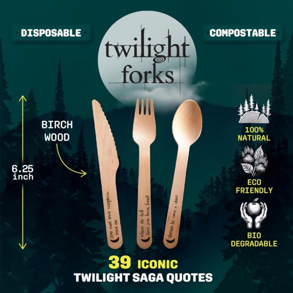 “Twilight Forks” Disposable Wooden Cutlery Set - Twilight Saga Party Supplies with 39 Iconic Quotes