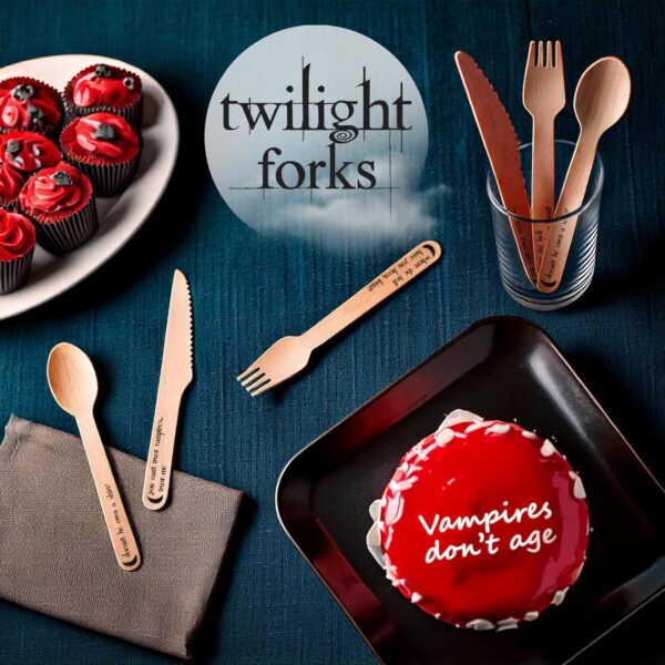 “Twilight Forks” Disposable Wooden Cutlery Set - Twilight Saga Party Supplies with 39 Iconic Quotes