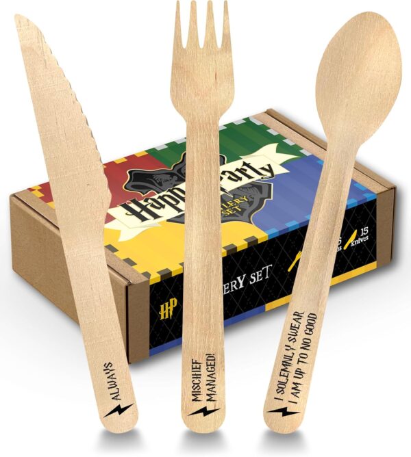 Harry Potter Cutlery Set - 45 Disposable Wooden Utensils with Quotes & Hogwarts House Colors for Party Supplies, Decorations and Favors