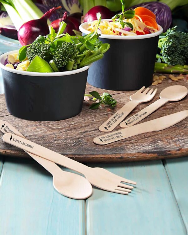 Harry Potter Cutlery Set - 45 Disposable Wooden Utensils with Quotes & Hogwarts House Colors for Party Supplies, Decorations and Favors