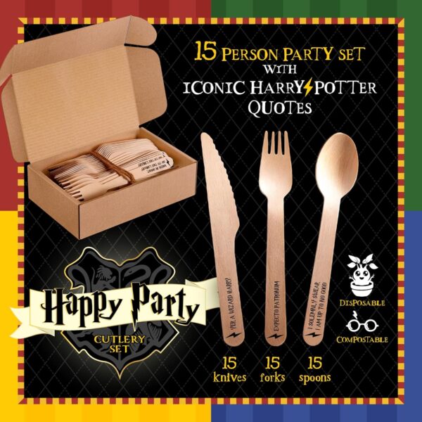 Harry Potter Cutlery Set - 45 Disposable Wooden Utensils with Quotes & Hogwarts House Colors for Party Supplies, Decorations and Favors