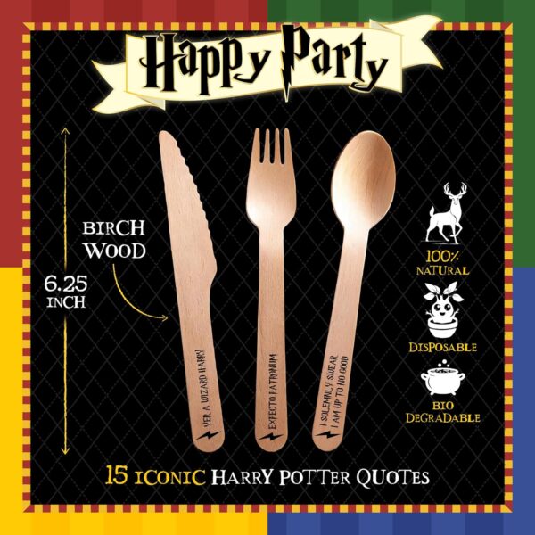 Harry Potter Cutlery Set - 45 Disposable Wooden Utensils with Quotes & Hogwarts House Colors for Party Supplies, Decorations and Favors