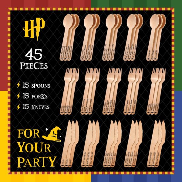 Harry Potter Cutlery Set - 45 Disposable Wooden Utensils with Quotes & Hogwarts House Colors for Party Supplies, Decorations and Favors