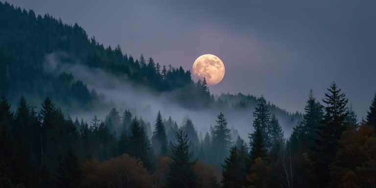 full moon above misty forest in Forks WA 2000x1000