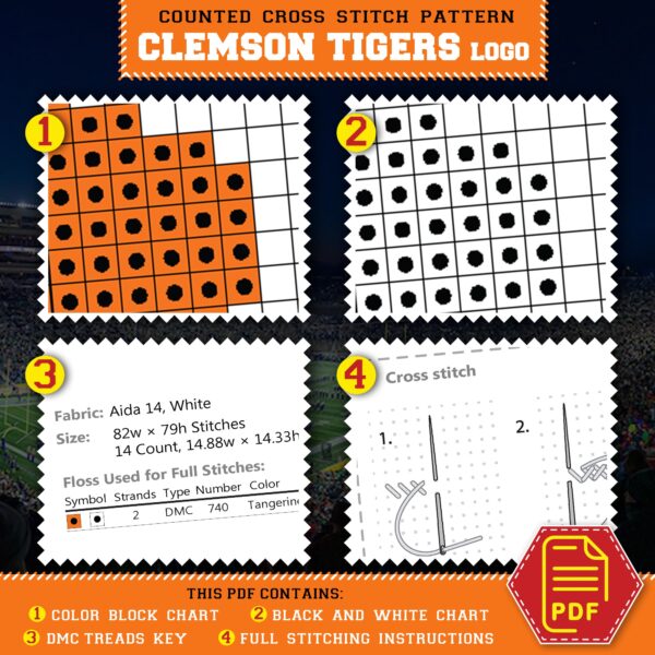 Clemson Tigers Logo Counted Cross Stitch Pattern - Download in PDF