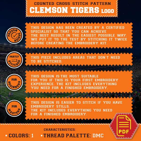 Clemson Tigers Logo Counted Cross Stitch Pattern - Download in PDF