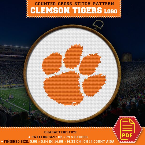 Clemson Tigers Logo Counted Cross Stitch Pattern - Download in PDF
