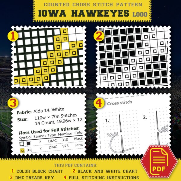 Iowa Hawkeyes Logo Counted Cross Stitch Pattern - Download in PDF