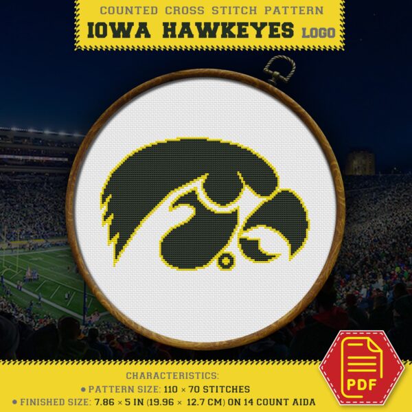 Iowa Hawkeyes Logo Counted Cross Stitch Pattern - Download in PDF