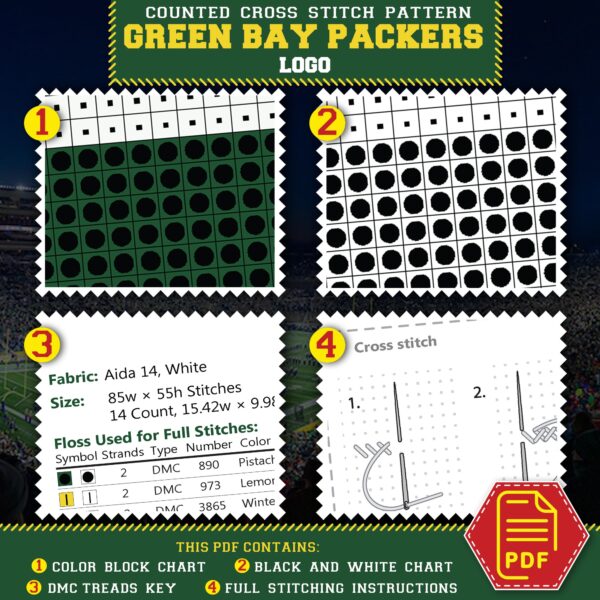 Green Bay Packers Logo Counted Cross Stitch Pattern - Download in PDF