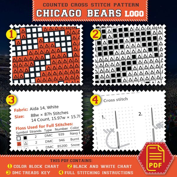 Chicago Bears Cross Stitch Kit Contents - PDF Pattern and Floss List