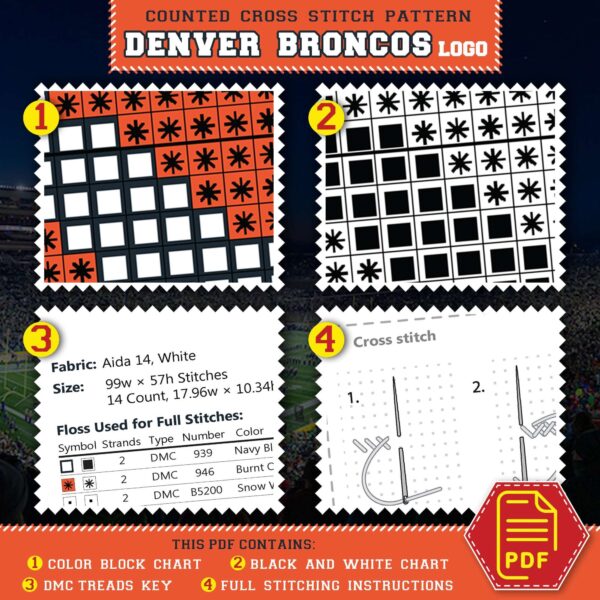 Denver Broncos Logo Counted Cross Stitch Pattern - Download in PDF