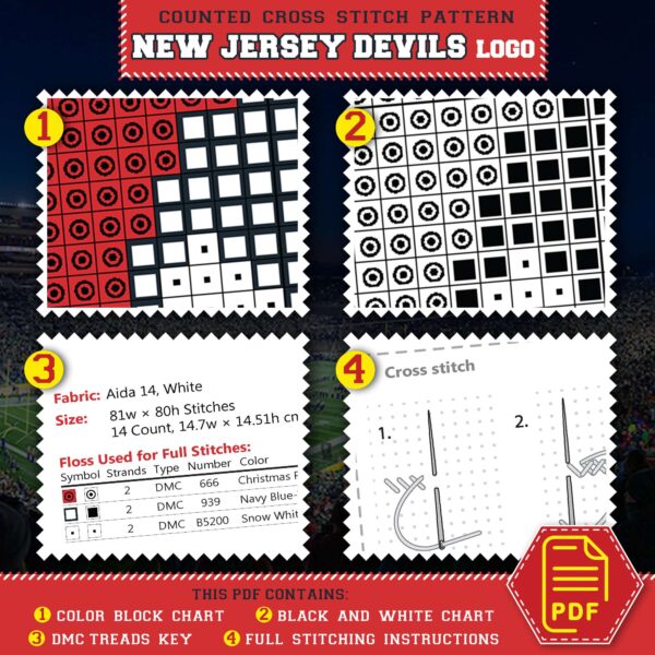 New Jersey Devils Cross Stitch Kit Contents - PDF Chart and Floss List