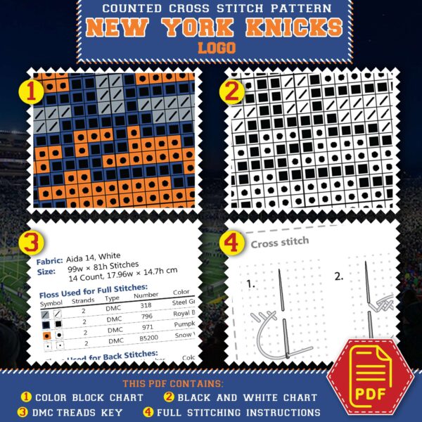 New York Knicks Cross Stitch Kit Contents - PDF Embroidery Chart