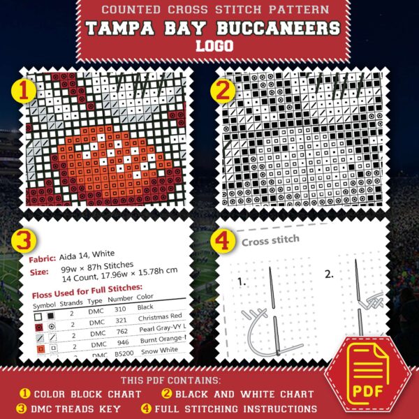Tampa Bay Buccaneers Cross Stitch Kit Contents - PDF Pattern and Thread List