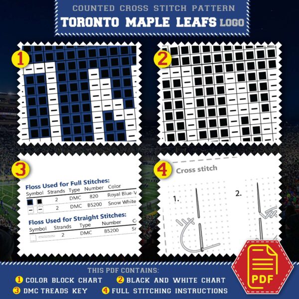 Toronto Maple Leafs Crest Cross Stitch Kit Contents - PDF Pattern and Floss List