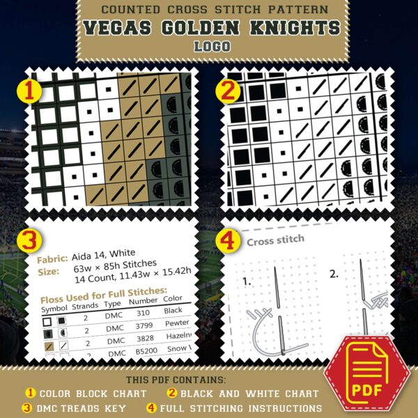 Vegas Golden Knights Cross Stitch Kit Contents - PDF Pattern and Thread List