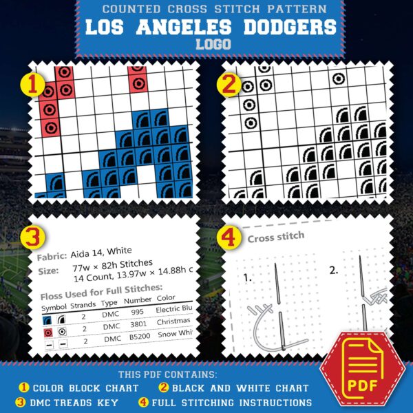 Los Angeles Dodgers Cross Stitch Kit Contents - PDF Pattern List